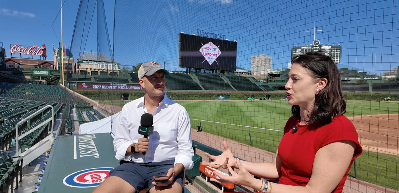 Tom Limongello interviewing Molly Hjelm of Ace Hardware's RedVest Media at the 2027 RedVest Media Upfront, Wrigley Field